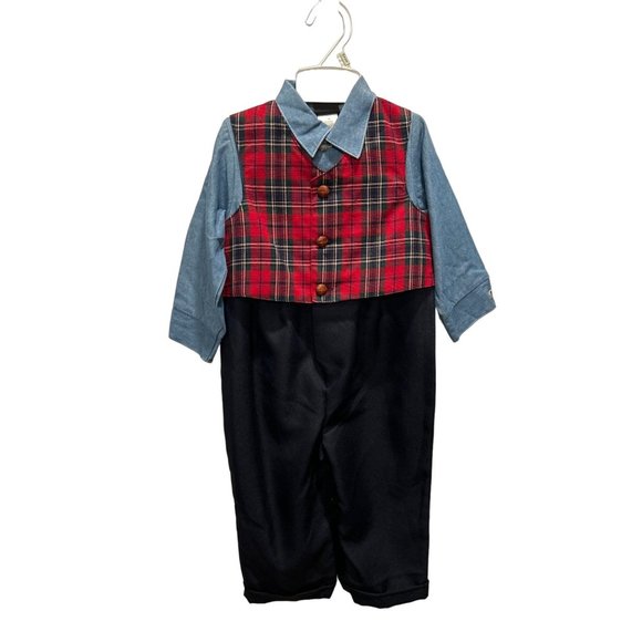 Boys 1 Piece Outfit - Navy Blue, Light Blue, & Red Plaid - Size 24 M - Picture 1 of 8